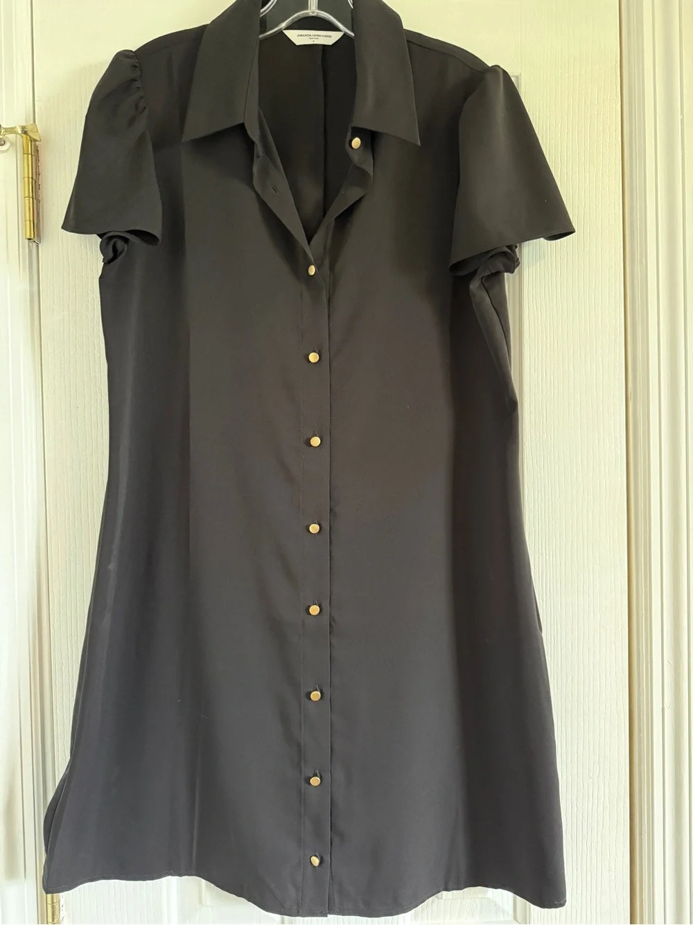 Amanda Uprichard Black Short Sleeve Button-Front Mini Heddy  Dress